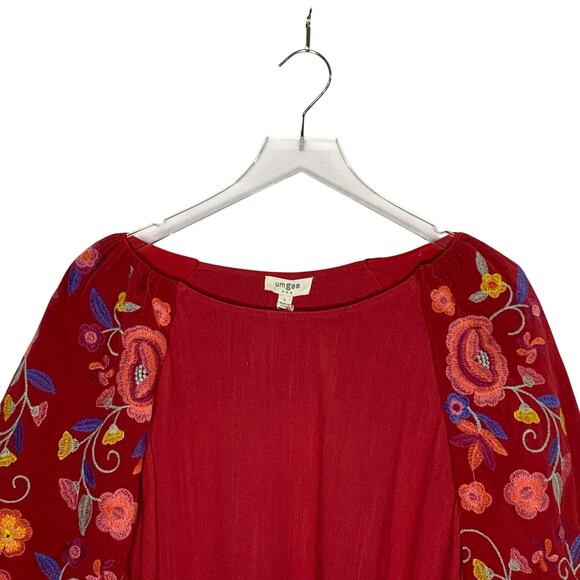 Umgee Linen Blend Top L NEW Embroidery Sleeves Crimson Red Floral Puff Sleeves - Picture 4 of 9